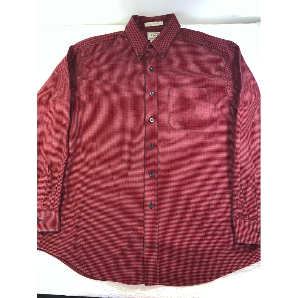 LL Bean Mens Red Black Houndstooth Cotton Button Down Shirt Traditional Fit L